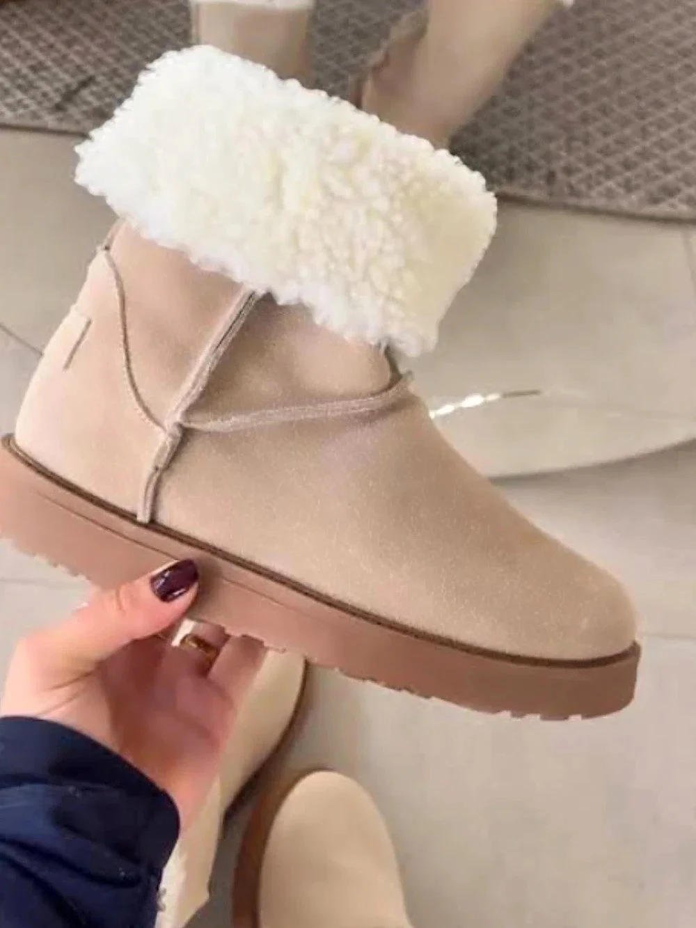 Shearling Cuff Ankle Boots in Beige & White